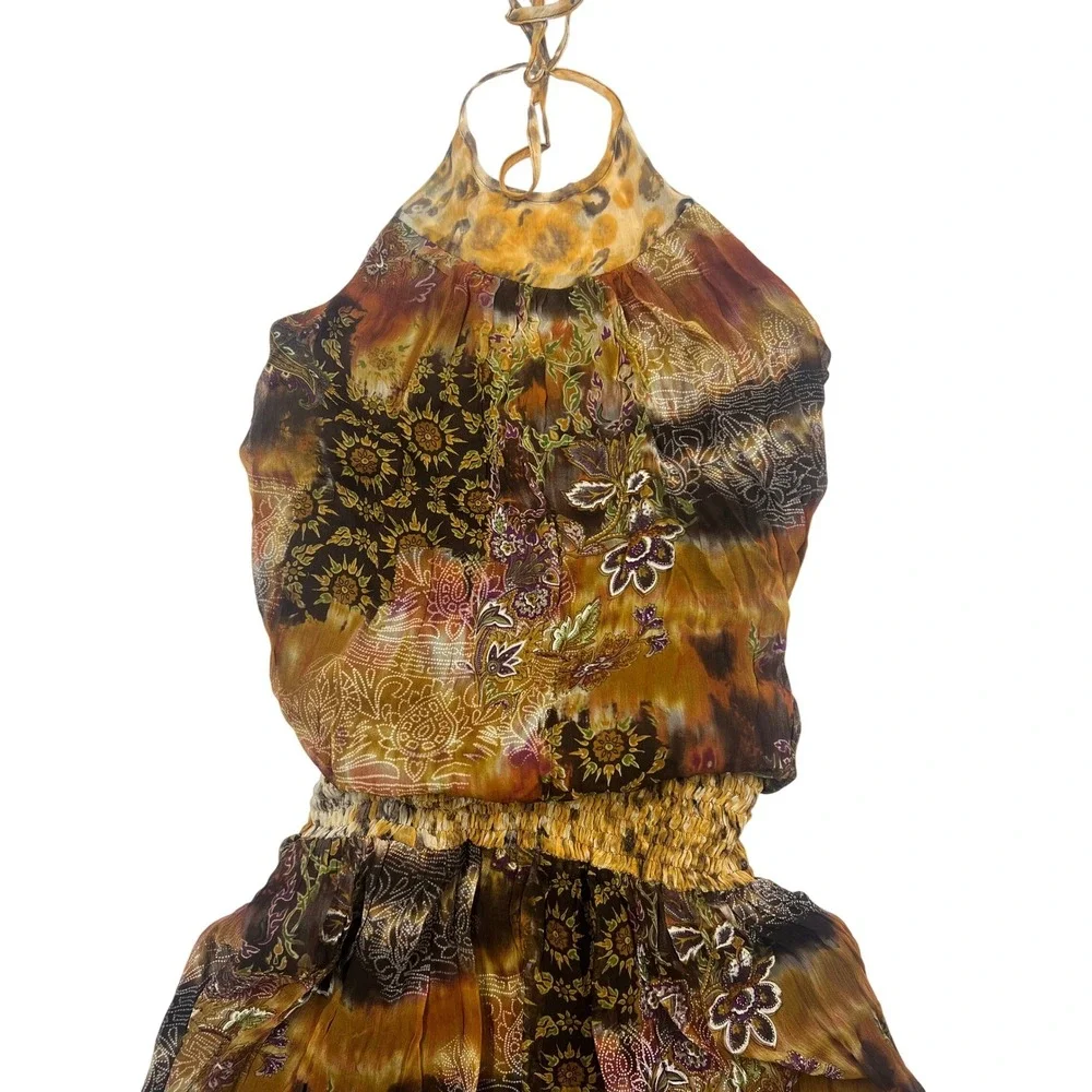 Vintage Y2K 100% SILK Halter Mini Dress Size 14 Open Back Lined Boho Browns - Picture 5 of 13